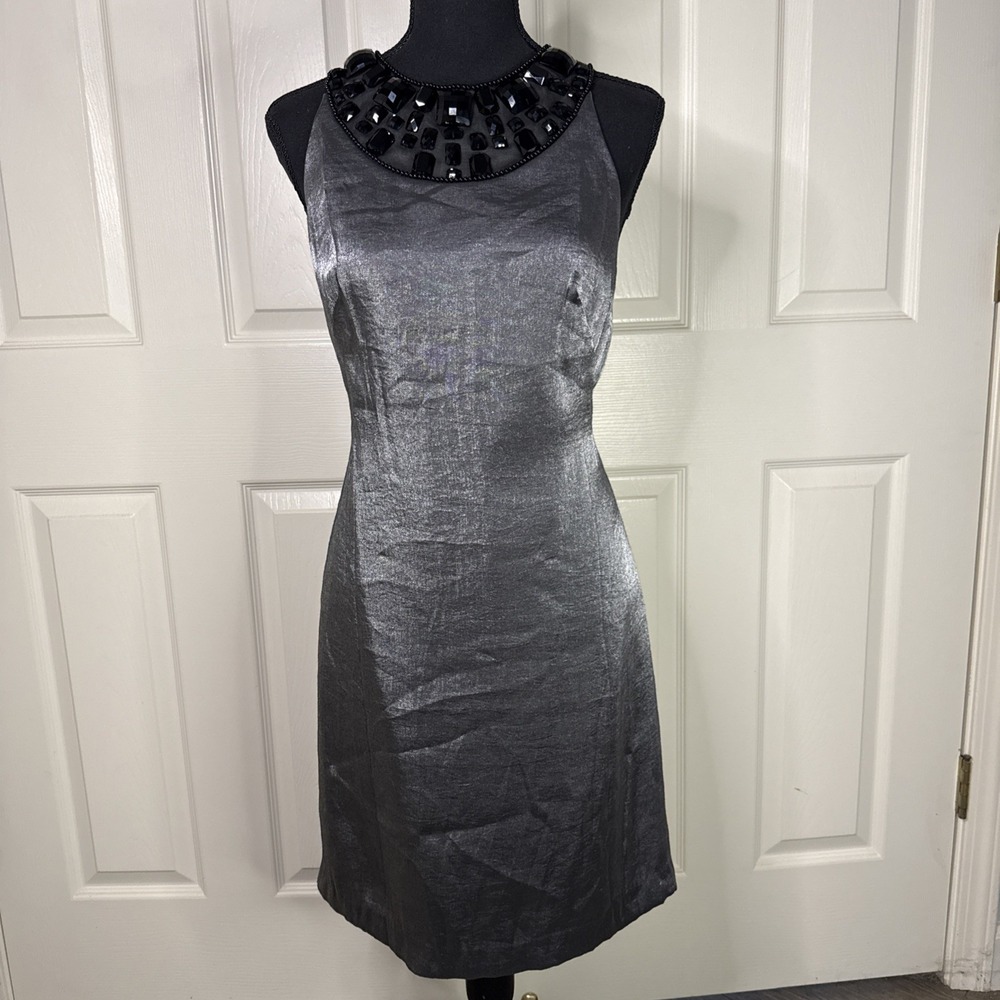 Adrianna Papell Satin Gray Metallic Sheath Cocktail Beaded Dress Size 8